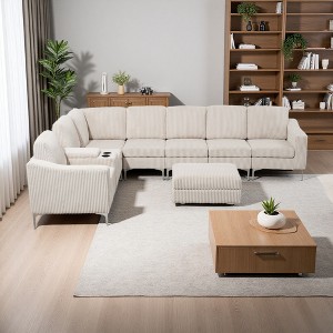 129.14" Corduroy Convertible Modular Sectional Sofa with Storage Ottoman, Console & USB Ports - 1 of 3