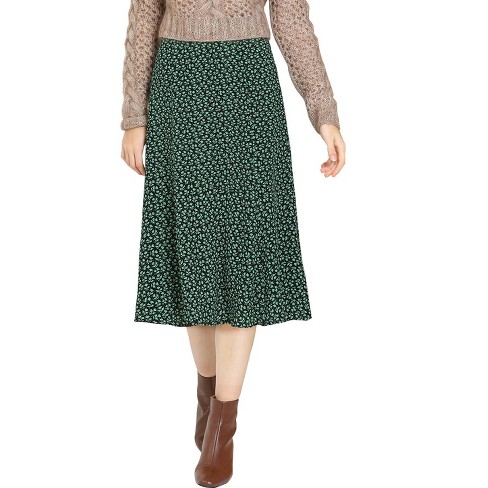 Allegra K Women's Print Peasant Elastic Waist A-line Midi Skirts Green ...