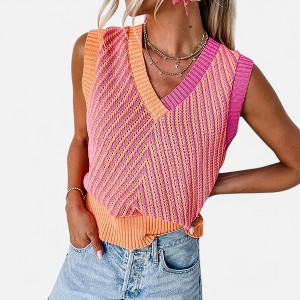 Amaryllis Women's Knit V-Neck Sleeveless Sweater Vest Ribbed Hem Relaxed Fit Trendy Layering Piece Casual - 1 of 4