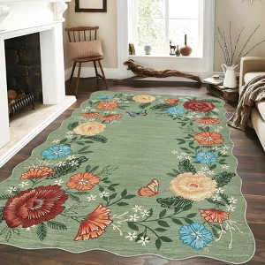 Area Rug , Machine Washable Non-Slip Low Pile Carpet - Stain-Resistant Modern Floral Green Rug for Living Room, Bedroom, Nursery - 1 of 4