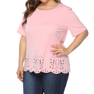 Plus Size Women's Summer Scoop Neck T-Shirts Loose Fit Short Sleeve Hollow Out Casual Tops - 1 of 4
