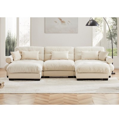 Modern 2 Seater Sofa With Ottoman, Sectional Sofas Large With 2 Ottoman, Large L Shape Sofa With Waist Pillow And Throw Pillows-Cuddlewood