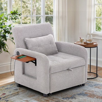 COLAMY Sleeper Chair, Fabric Sofa Bed with USB, Table, Pillow, Adjustable Back, for Dorm or Bedroom – Dark Grey