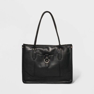 Bolo Snap Closure Leather Tote Handbag - Black