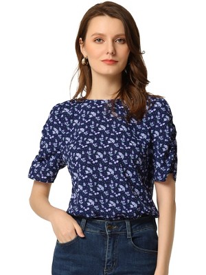 INSPIRE CHIC Women's Floral Summer Crew Neck Casual Shirred Short Sleeve Blouse