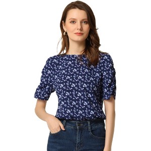 INSPIRE CHIC Women's Floral Summer Crew Neck Casual Shirred Short Sleeve Blouse - 1 of 4