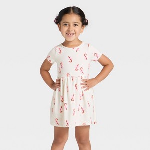 Toddler Girls' Short Sleeve Candy Cane Dress - Cat & Jack™ Almond Cream - 1 of 3