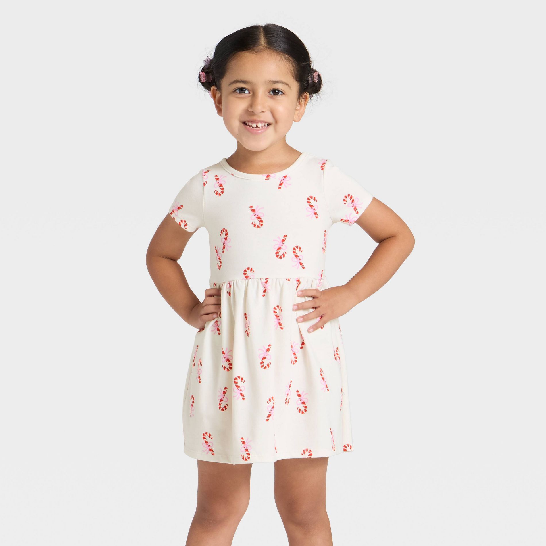 Toddler Girls' Short Sleeve Candy Cane Dress - Cat & Jack™ Almond Cream 18M