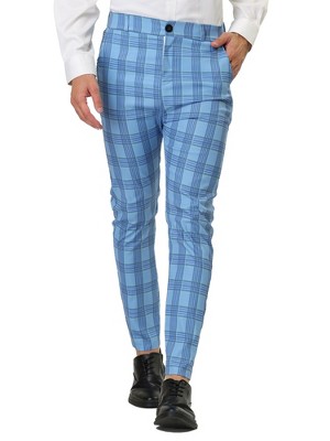 Lars Amadeus Men's Color Block Slim Fit Flat Front Plaid Dress Pants Light  Blue 30