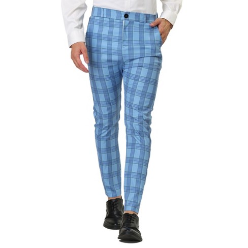 Lars Amadeus Men's Color Block Slim Fit Flat Front Plaid Dress Pants Light  Blue 32