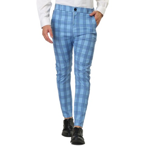 Lars Amadeus Men's Color Block Slim Fit Flat Front Plaid Dress Pants Light  Blue 38