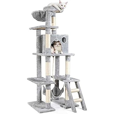 rabbitgoo Cat Tree Cat Tower 61" for Indoor Cats, Multi-Level Cat Condo with Hammock & Scratching  Toys for Play Rest, Light Grey