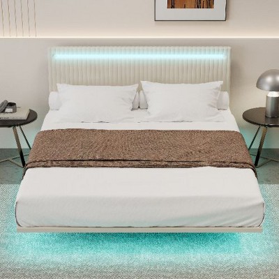 CAVINAS Full Size Bed Frame, Modern Upholstered Floating Bed Frame with LED Lights, Vertical Channel Design Velvet Fabric Bed