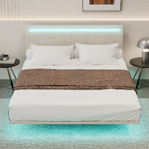 CAVINAS Full Size Bed Frame, Modern Upholstered Floating Bed Frame with LED Lights, Vertical Channel Design Velvet Fabric Bed - 1 of 4