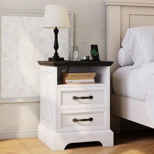 TackView Farmhouse Nightstand -Rustic Bedside Table with 2 Drawers,for Bedroom Small Space,White+Black - 1 of 4