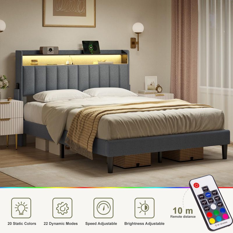 Hausource Bed Frame with Storage Headboard & Footboard Platform Bed LED Lights & Outlets No Box Spring Needed, 3 of 8