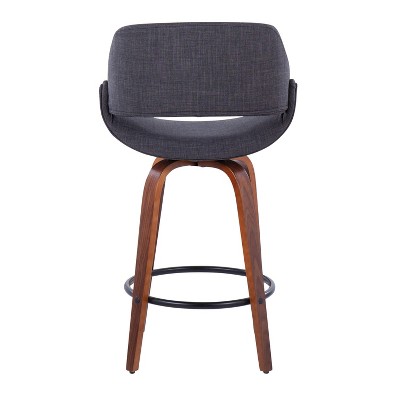 Charcoal Upholstered Walnut Wood Swivel Counter Stools with Black Metal Footrest, Set of 2