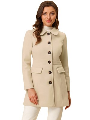 Allegra K Women's Peter Pan Collar Flap Pocket Single Breasted Buttoned Long Coat