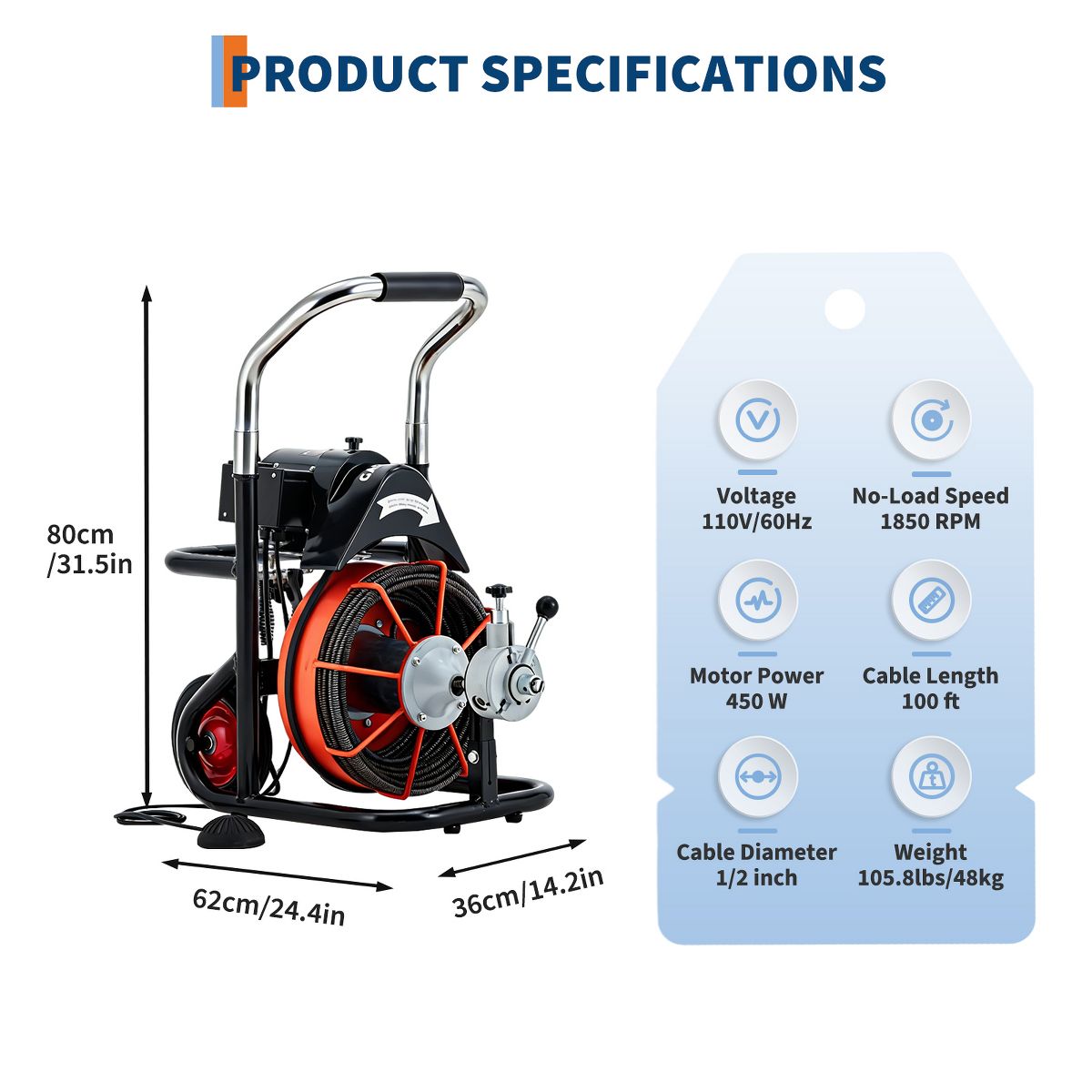 100FT x 1/2 Inch Electric Drain Cleaning Machine, 450W Auto Feed Sewer Snake with 10 Cutters and Foot Switch, Carbon Steel, Ships in 2 Boxes - thumbnail 2