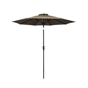 Four Seasons Courtyard 9 Foot Patio Market Umbrella Round Polyester Fabric Outdoor Backyard Shaded Canopy with Crank Lift and Auto Tilt, Taupe