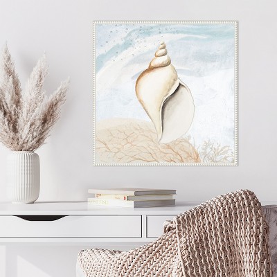Beaded White Conch Shell Nautical Framed Canvas Art