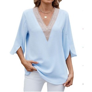 Coolmee Women Blouses Dressy Casual 3/4 Sleeve Tops Business Work Chiffon Office V Neck Shirts Loose - 1 of 4