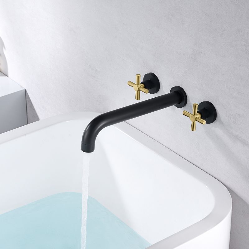 Sumerain Wall Mount Tub Faucet with 2 Cross Handles Black and Gold, Long Spout Reach High Flow, 3 of 9