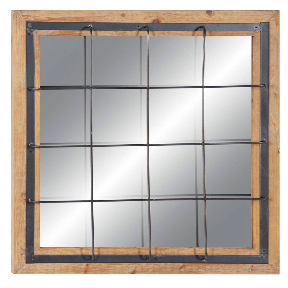 Photos - Wall Mirror Wood  with Grid Frame Brown - Olivia & May