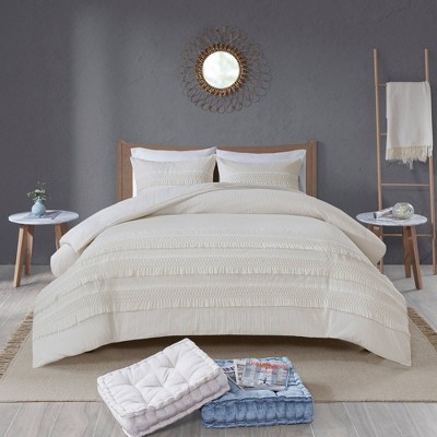 Ivory Full Cotton Seersucker Comforter Set with Tassel Trims
