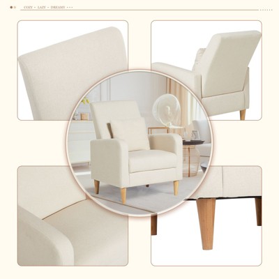 Beige Upholstered Accent Chair with Pillow and Wood Legs