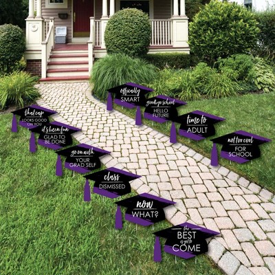 Big Dot of Happiness Purple Grad - Best is Yet to Come - Grad Cap Lawn Decorations - Outdoor Purple Graduation Party Yard Decorations - 10 Piece