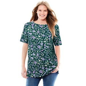 Woman Within Plus Size Perfect Printed Short-Sleeve Boatneck Tunic - 1 of 4