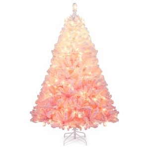 Costway 6 FT Artificial Christmas Tree with 250 Warm White LED Lights, 8 Lighting Modes & Folding Metal Stand White & Pink - 1 of 4