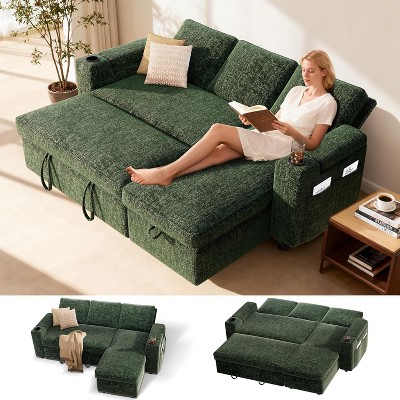 Dyonery L-Shaped Sleeper Sofa with Pull Out Bed,82" Sectional Couch with Reclining Backrest/Side Pocket/Armrest Storage/Cup Holder,Tool-Free Assembly