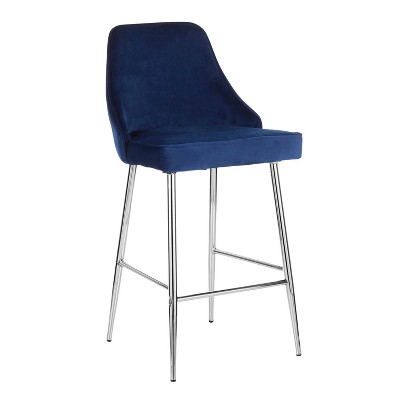 Navy Blue Velvet and Chrome Modern Counter Stools, Set of 2
