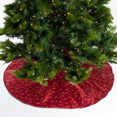 Burgundy and Gold Embroidered Christmas Tree Skirt, 70" Round