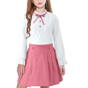 Girls Skirts with White Blouse Ruffle Long Sleeve Button Down Shirt and Pleated Skirt School Uniform 2 Piece Outfit,Pink - 150 - 1 of 4