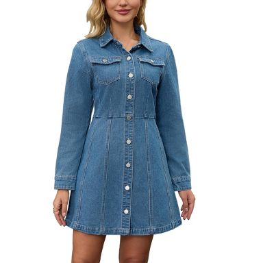 INSPIRE CHIC Women's Denim Button Up Collar Long Sleeve A-Line Above The Knee Length Jean Dresses Blue XX-Large
