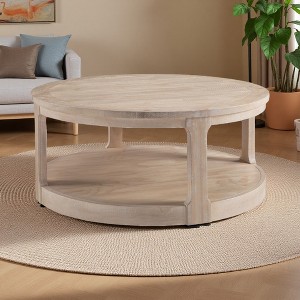 40" Rustic 2-Tier Round Coffee Table with Wheels - 1 of 4