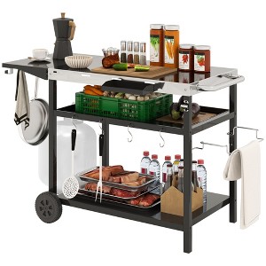 Outsunny Outdoor Bar Cart Grill Table with Wheels, Stainless Steel Tabletop Outdoor Pizza Oven Stand Prep Table with Three-Shelf Storage and Hooks - 1 of 4