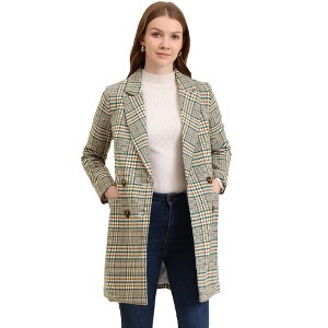 Allegra K Women's Double Breasted Notched Lapel Plaid Overcoat with Pockets - 1 of 4