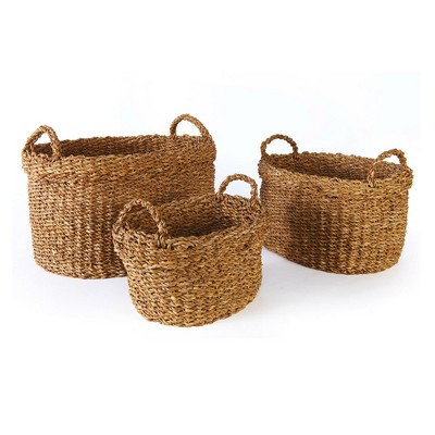 Plum & Post Seagrass Oval Baskets With Handles & Cuffs, Set Of 3