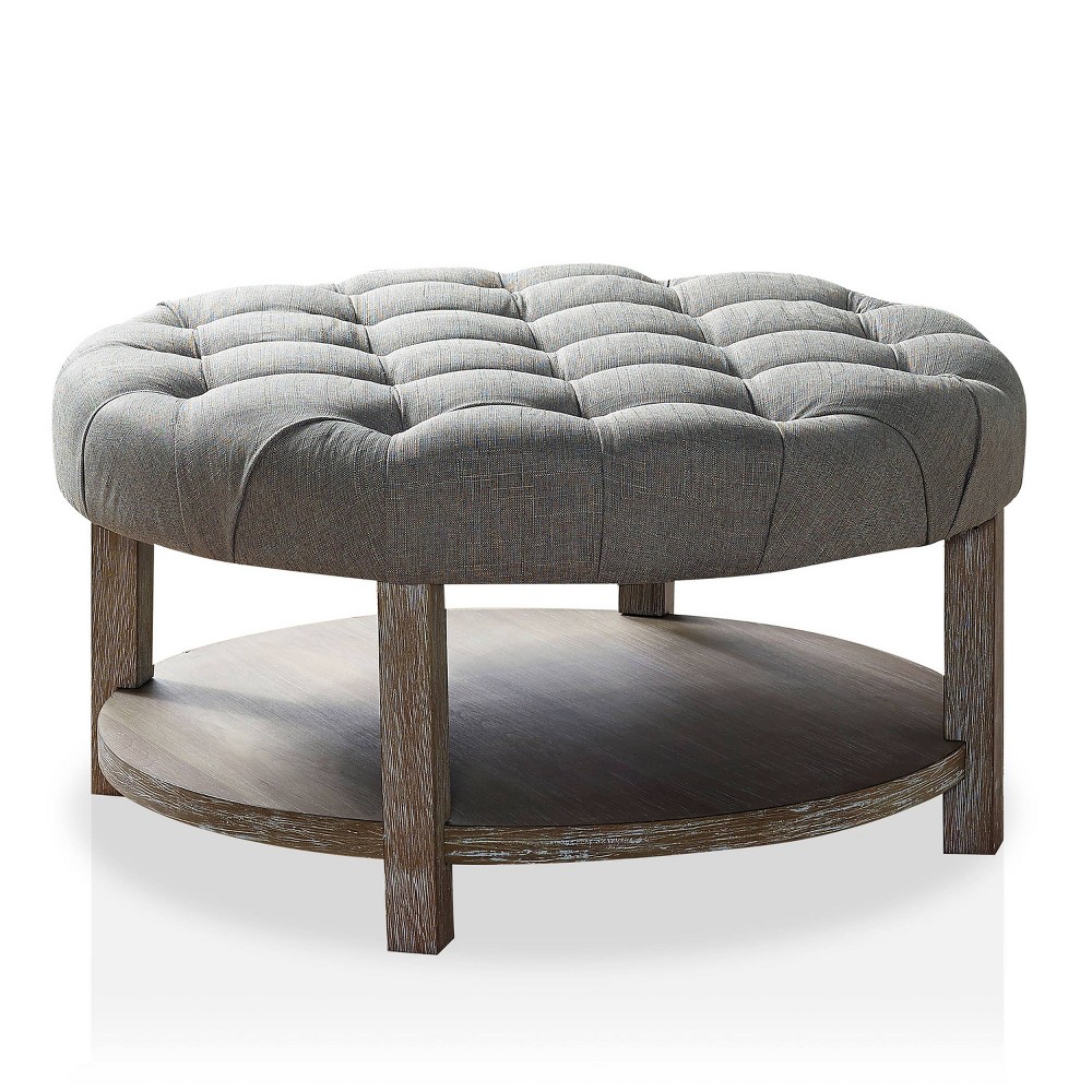 Photos - Pouffe / Bench Gromma Round Button Tufted Storage Ottoman Natural Tone/Light Gray - HOMES