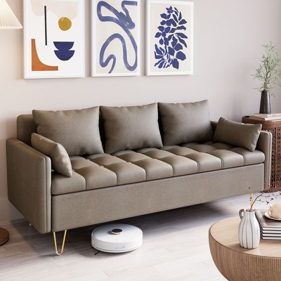 67.3'' Compact 3 Seater Sofa with Storage & Metal Legs, Small Faux Leather Couch for Living Rooms, Apartments, Offices