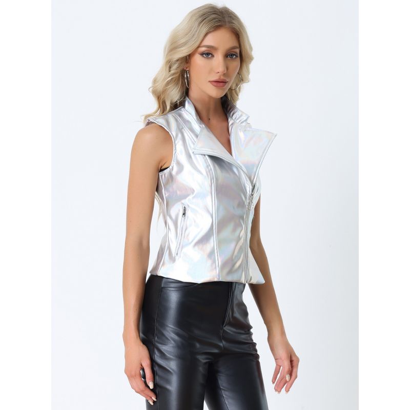 Allegra K Women's Stand Collar Sleeveless Zipper Shiny Metallic Vest, 4 of 7