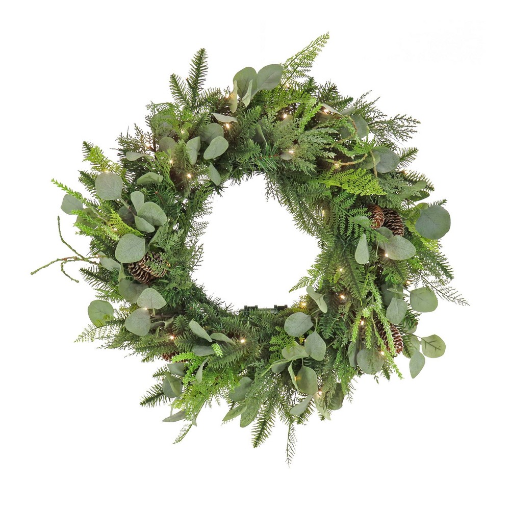 HGTV 28" Pre-lit Winter Garden Eucalyptus Mixed Tip Christmas Artificial Wreath with Warm White LED Lights: Indoor/Outdoor, Battery-Operated