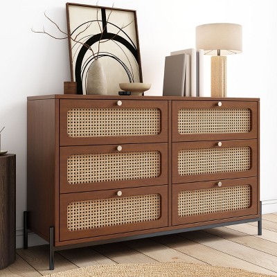 NicBex Modern 6 Drawer Rattan Dresser,Wood Storage Cabinet Sideboard for Hallway,Living Room,Bedroom,Entryway