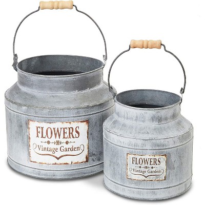 Farmlyn Creek 2 Pack Large Galvanized Bucket Planter, Metal Milk Can Buckets for Flowers (2 Sizes)