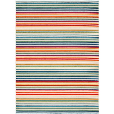 Ivory and Green Striped Synthetic 9' x 12' Indoor/Outdoor Area Rug