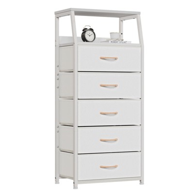 Aoibox White Vertical 5 Drawer Dresser Fabric Storage Tower with Double Shelf Sturdy Steel Frame Wood Top for Bedroom Hallway Nursery